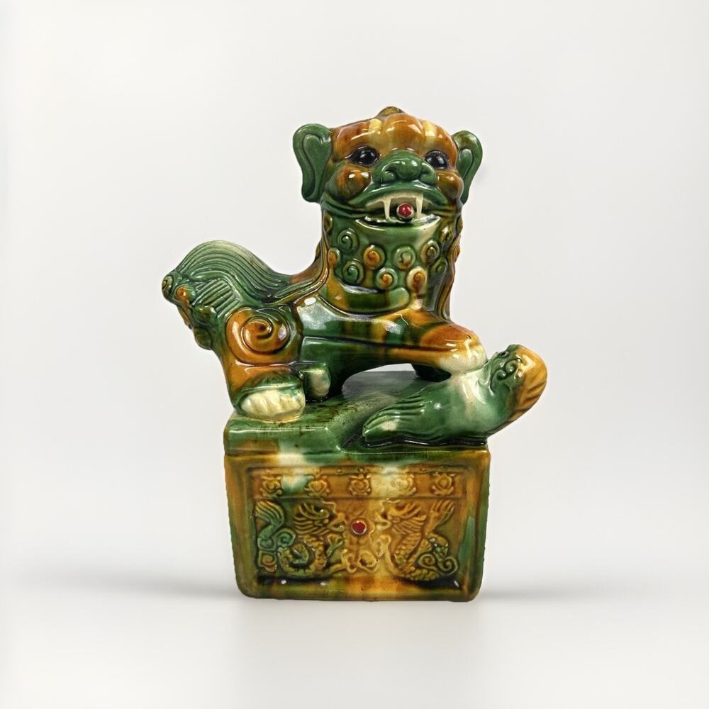 Large Chinese Glazed Ceramic Foo Dog Guardian Lion Green Sancai Statue
